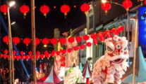 Hundreds of red lanterns raised in Chicago China town celebrating Chinese New Year 