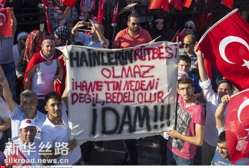 7月16日，反对政变和支持政府的民众在土耳其伊斯坦布尔举行游行活动 新华社　西霸