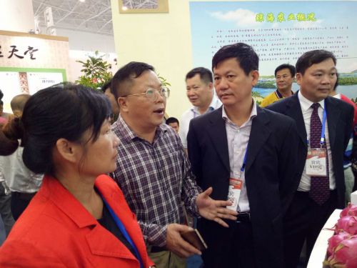 琼海市市长符平在2016年中国（海南）国际热带农产品交易会琼海馆听取产品介绍。叶文华 摄