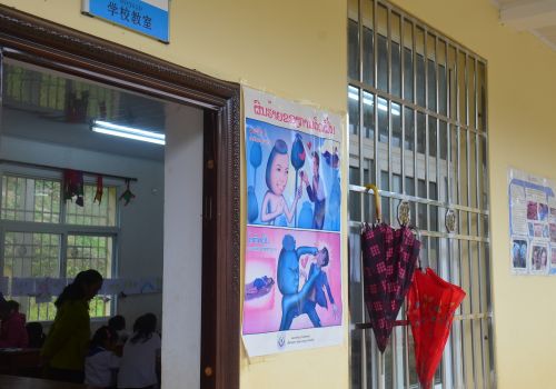 这是1月11日在老挝琅南塔郊外的梭都罂粟替代种植务工搬迁示范区拍摄的禁毒宣传海报。