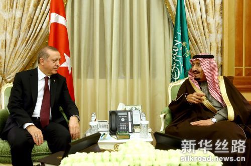 2月14日，在沙特利雅得，土耳其总统埃尔多安（左）与沙特国王萨勒曼会谈。新华社美联