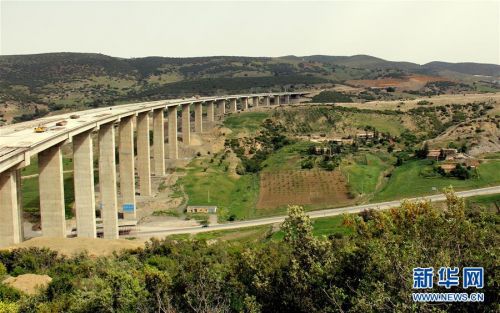 4月19日，在阿尔及利亚麦迪亚省境内的南北高速公路希法段项目建设工地，工程机械进行桥梁铺设。新华社发