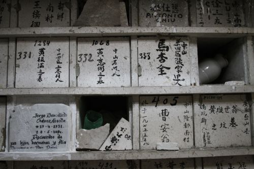 华人墓地地下堆放的石龛不少都已破败，残骸散落。许多除了编号已没有任何具体信息