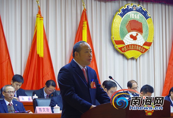 保亭政协副主席王文平代表政协保亭第十届委员会常务委员会向大会作工作报告。通讯员 陈星 摄
