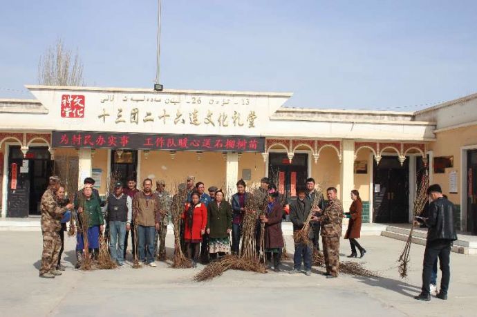 图1为兵团农行访惠聚工作队向贫困职工捐赠果树苗